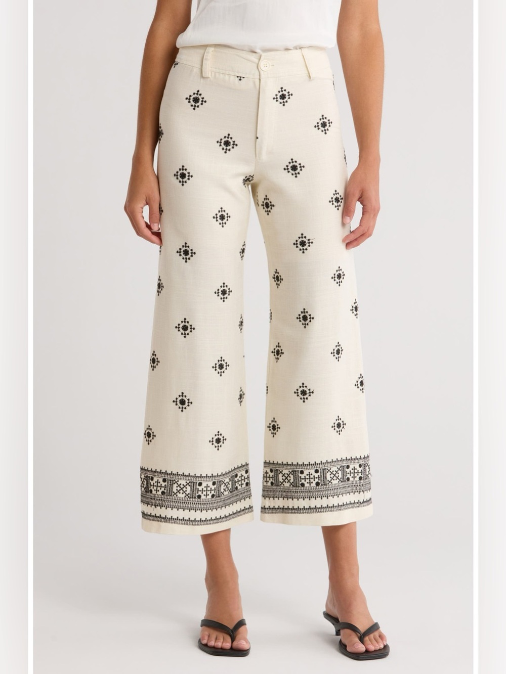 T Tahari Linen Blend Embroidered Cropped Pants Cream Black Size 6